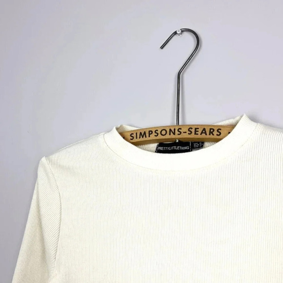 PrettyLittleThing Womens Small Ribbed Ruched Side Long Sleeve Top Cream - Picture 6 of 7